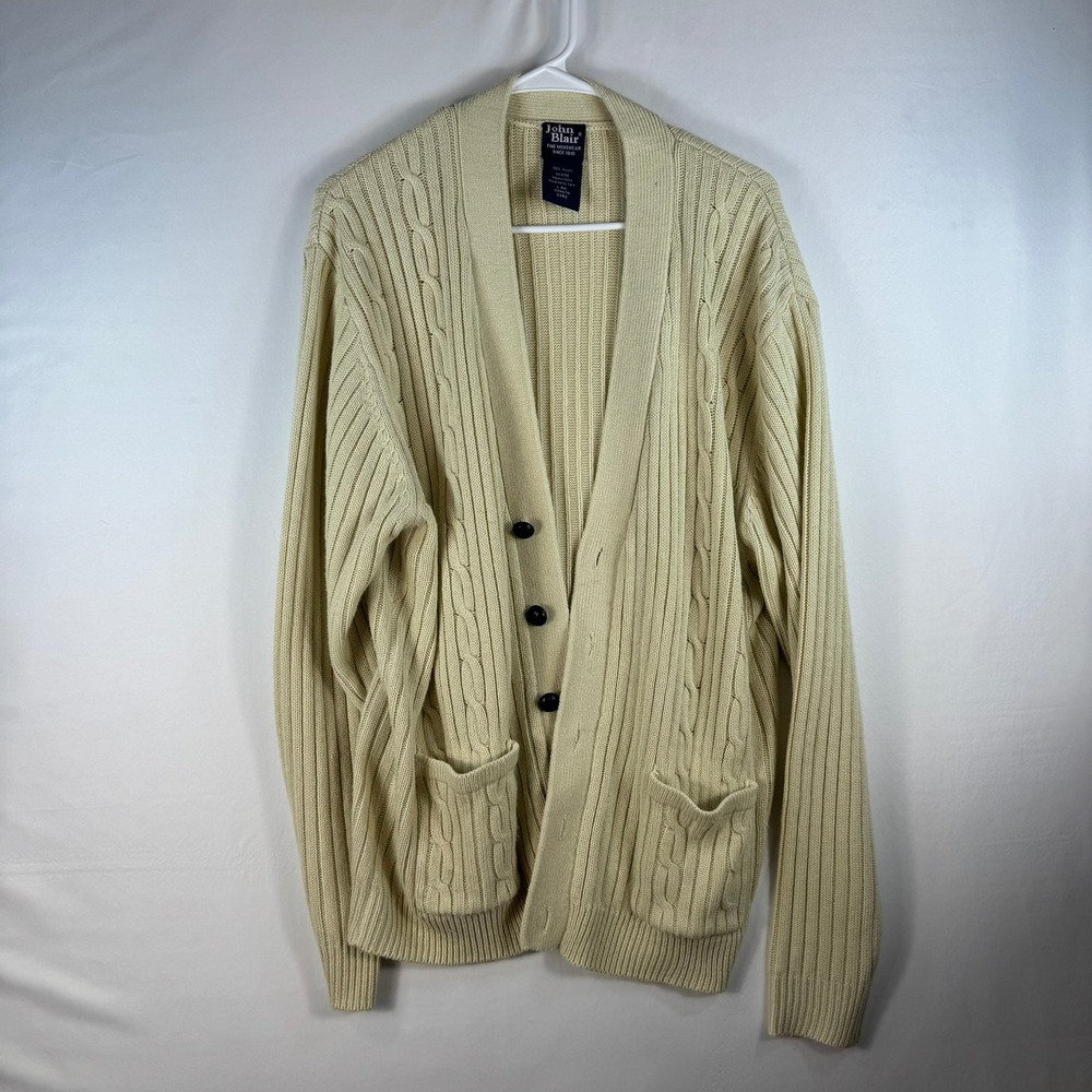 John Blair Mens Cream Cable Knit Cardigan Sweater Shawl Collar Large 614870